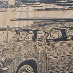 Vintage Beach Station Wagon With Surfboard Wall Art - Surfing Themed, Engraved Wood Lithograph Illustration, Coastal Lifestyle Print - thumbnail 2