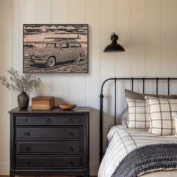 Vintage Beach Station Wagon With Surfboard Wall Art - Surfing Themed, Engraved Wood Lithograph Illustration, Coastal Lifestyle Print - thumbnail 4