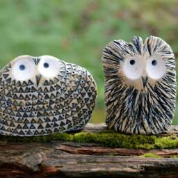 Set Two Ceramic Owl Wedding Topper Housewarming Gift Collectible Figurine, Owls Ornament Minimalist Natural Decor, Garden Art Sculpture - thumbnail 2