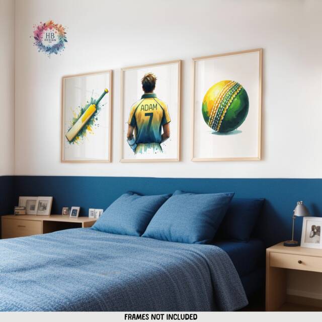 Personalised Cricket Print - Set Of 3 Posters - Boys Bedroom Decor Kids Room Wall Art Yellow Cricketer Artwork Custom Teen Gifts - image 1