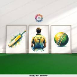 Personalised Cricket Print - Set Of 3 Posters - Boys Bedroom Decor Kids Room Wall Art Yellow Cricketer Artwork Custom Teen Gifts - thumbnail 2