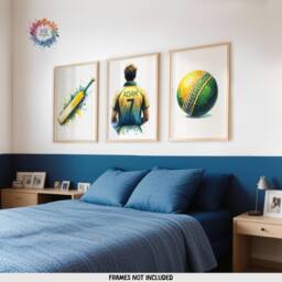 Personalised Cricket Print - Set Of 3 Posters - Boys Bedroom Decor Kids Room Wall Art Yellow Cricketer Artwork Custom Teen Gifts - thumbnail 1