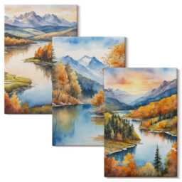 Canvas Wall Art Set Of 3 - Autumn Mountain With A River & Cottage By The Water, Orange Print On Canvas, Landscapes Hanging Piece - thumbnail 1