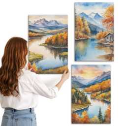 Canvas Wall Art Set Of 3 - Autumn Mountain With A River & Cottage By The Water, Orange Print On Canvas, Landscapes Hanging Piece - thumbnail 2