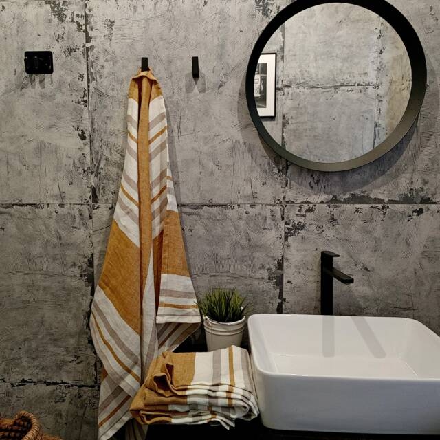 Stonewashed Linen Bath Sheet, Striped Fringed Towel - image 1