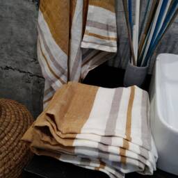 Stonewashed Linen Bath Sheet, Striped Fringed Towel - thumbnail 3