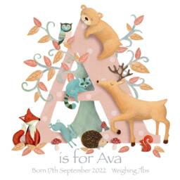 Woodland Letter Art Print Children Kids New Baby Animal Picture Initial Illustration Personalised Nursery Decor Christening Name Frame Gift - thumbnail 2