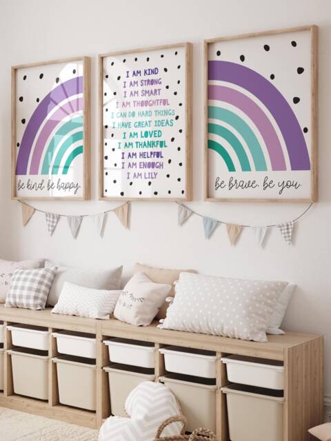 Set Of 3 Girls Bedroom Decor, Purple & Teal Rainbow Prints, Playroom Affirmations Loved, Personalised Wall Art, Motivational - image 1