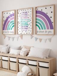 Set Of 3 Girls Bedroom Decor, Purple & Teal Rainbow Prints, Playroom Affirmations Loved, Personalised Wall Art, Motivational - thumbnail 1