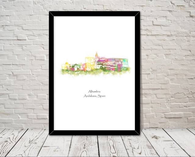 Spain Landmarks Alhambra Watercolour Illustration Spain Art Print World Attractions Famous Landmark Travel Poster Historical Sites