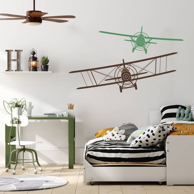 Biplane Monoplane Wall Decals Set Of 2 Airplane Nursery Decor Ww77 - image 1
