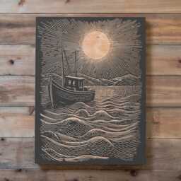 Fishing Boat Engraved Wood Panel - Block Print Inspired Nautical Wall Art, Rustic Cottage Illustration Home Decor, Beach House Gift - thumbnail 2