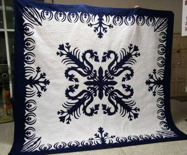 Custom Hawaiian Quilt, Museum Quality Textile Navy Island Appliqu?? Bedspread, Echo Quilting, Boutique Bedroom Decor Queen To Cal King - image 1