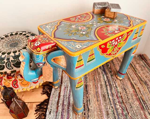 Hand-Painted Indian Elephant Side Table Sky Blue Bohemian Decor - image 1