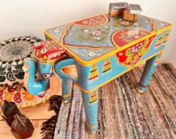 Hand-Painted Indian Elephant Side Table Sky Blue Bohemian Decor - thumbnail 1