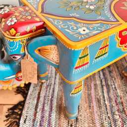Hand-Painted Indian Elephant Side Table Sky Blue Bohemian Decor - thumbnail 3
