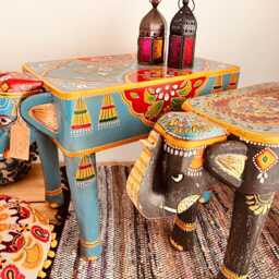 Hand-Painted Indian Elephant Side Table Sky Blue Bohemian Decor - thumbnail 2