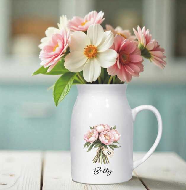 Personalised Birth Flower Jug Vase For A 70Th Milestone Birthday - Unique Custom Gift For A Sister, Friend, Mum, Grandma - image 1