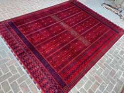 9x13 Hand-Knotted Afghan Bukhara Wool Rug - Red & Navy Turkmen Pattern Large Authentic Oriental Carpet For Living Room, Bedroom Or Dining - thumbnail 1