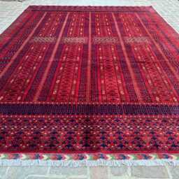 9x13 Hand-Knotted Afghan Bukhara Wool Rug - Red & Navy Turkmen Pattern Large Authentic Oriental Carpet For Living Room, Bedroom Or Dining - thumbnail 2