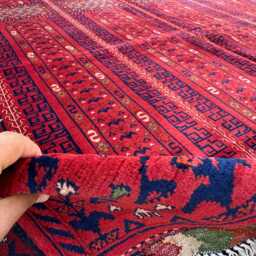 9x13 Hand-Knotted Afghan Bukhara Wool Rug - Red & Navy Turkmen Pattern Large Authentic Oriental Carpet For Living Room, Bedroom Or Dining - thumbnail 4