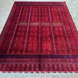 9x13 Hand-Knotted Afghan Bukhara Wool Rug - Red & Navy Turkmen Pattern Large Authentic Oriental Carpet For Living Room, Bedroom Or Dining - thumbnail 3