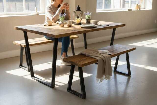 Industrial Steel Calia Frame Straight Edge Rustic Dining Table - image 1