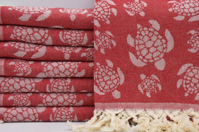 "Turtle Desing Towel, Red Towel, Handmade Towel, Turkish Towel, 40""x68" - image 1