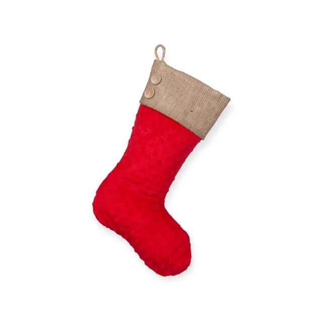 Red Minky Christmas Stocking With Burlap Cuff & Two(2 Wooden Buttons - image 1