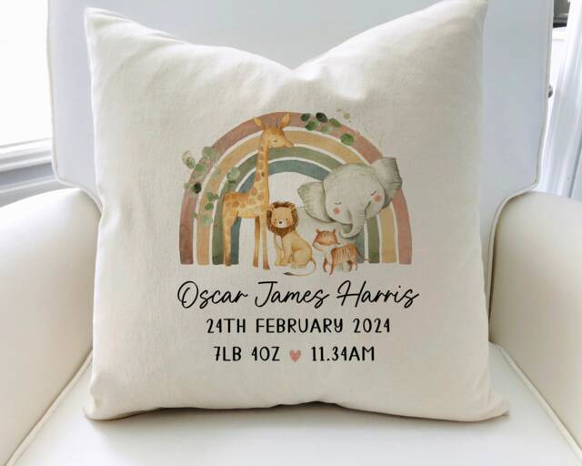 New Baby Gift, Unisex, Gender Neutral, Baby Boy, Baby Girl, Cushion, Name Pillow, Nursery Decor, Safari Theme, Newborn Gift, Boys & Girsl, New Birth - image 1