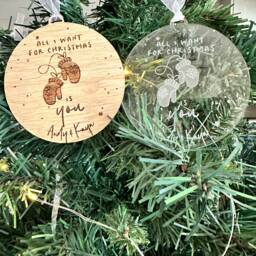 Personalised Couples Christmas Bauble, Engraved Wooden Bauble Boyfriend Girlfriend, Xmas Tree Decoration, For Couples, All I Want - thumbnail 1