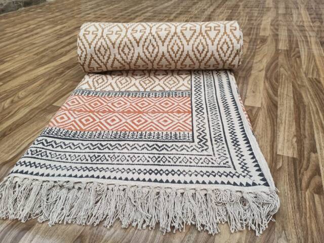 Hand Block Printed Cotton Dhurrie Rug Aztec Area Living Room Rug - image 1
