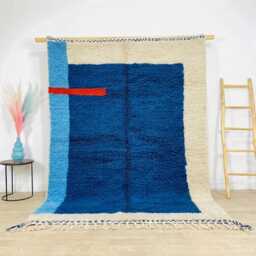 Abstract Blue & White Moroccan Rug, Red Accent Geometric Berber Carpet, Large Handmade Wool Shag Modern Artistic Decor, Custom Area Mat