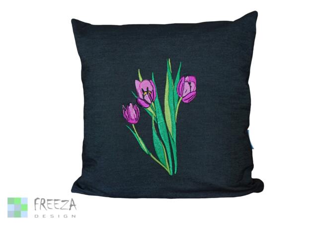 Embroidered Pink Tulips Pillow Cover Handmade Eco-Friendly Cotton Graphite Denim - image 1