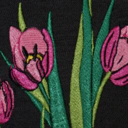 Embroidered Pink Tulips Pillow Cover Handmade Eco-Friendly Cotton Graphite Denim - thumbnail 3
