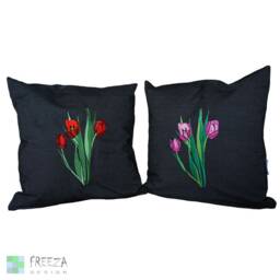 Embroidered Pink Tulips Pillow Cover Handmade Eco-Friendly Cotton Graphite Denim - thumbnail 4
