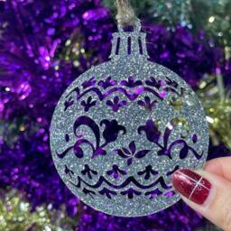 Wooden Pretty Christmas Bauble Tree Decoration - Xmas Ornament in Oak, Walnut Cherry Wood -Or- Silver, Gold, Red, Green Glitter - thumbnail 3