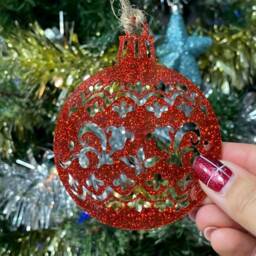 Wooden Pretty Christmas Bauble Tree Decoration - Xmas Ornament in Oak, Walnut Cherry Wood -Or- Silver, Gold, Red, Green Glitter - thumbnail 4