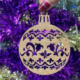 Wooden Pretty Christmas Bauble Tree Decoration - Xmas Ornament in Oak, Walnut Cherry Wood -Or- Silver, Gold, Red, Green Glitter