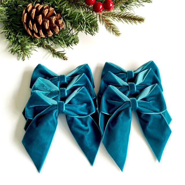 Teal Velvet Christmas Tree Bows, Bows For Tree, Decorations, Set Of 6 Teal 4 Inch - image 1