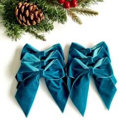 Teal Velvet Christmas Tree Bows, Bows For Tree, Decorations, Set Of 6 Teal 4 Inch