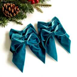 Teal Velvet Christmas Tree Bows, Bows For Tree, Decorations, Set Of 6 Teal 4 Inch - thumbnail 3