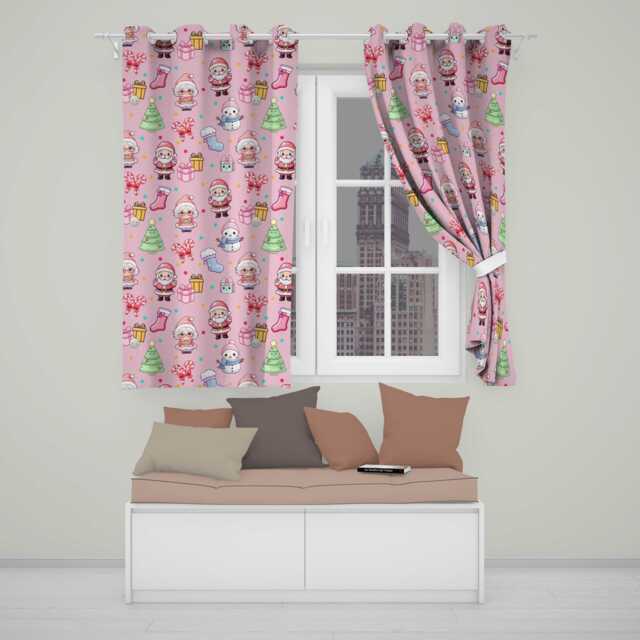 Cute Santa Snowman Gifts Candy Cane Pink Background Seamless Pattern Readymade Eyelet Ring Top Thermal 100% Blackout Curtains - image 1