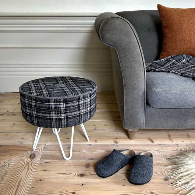 Harris Tweed Birch Tartan Footstool With Button & Steel Hairpin Legs - image 1