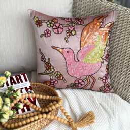 Bird Art Silk Pink Throw Pillow Cover, 16x16 Contemporary Sequin Beaded Cushion Cover - Colorful Birdy - thumbnail 3