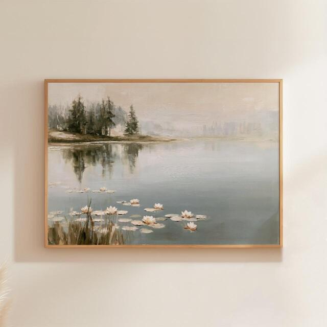 Misty Pond Landscape Poster, Water Lily Paper Wall Art - image 1