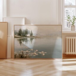 Misty Pond Landscape Poster, Water Lily Paper Wall Art - thumbnail 4