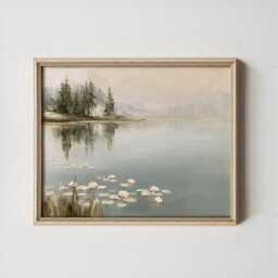 Misty Pond Landscape Poster, Water Lily Paper Wall Art - thumbnail 3