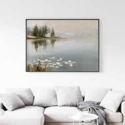 Misty Pond Landscape Poster, Water Lily Paper Wall Art - thumbnail 2