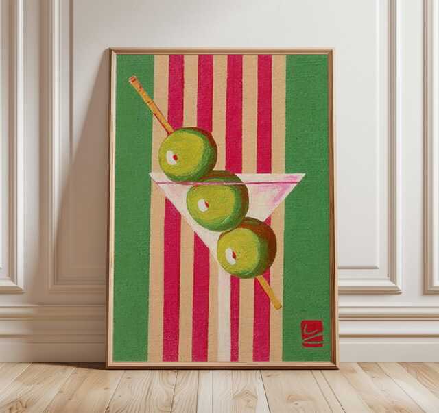 Retro Martini Wall Art, Mid Century Cocktail Poster, Modern Bar Print With Olives, Vintage Drink Illustration in Bold Red & Green - image 1